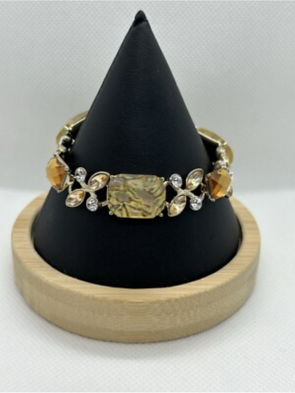 Napier Rhinestone Bracelet Gold Brown Olive Art Glass Cabochon gold link Vintage